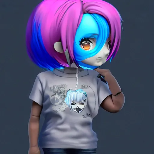 Image similar to a digital painting of a girl with blue hair and a skull on her shirt, lyco art, chibi, by antonio mello, 3 d nft, nendoroid 3 d, cyberpunk artm, cgsociety, sketchfab, seapunk, anime aesthetic, rendered in maya