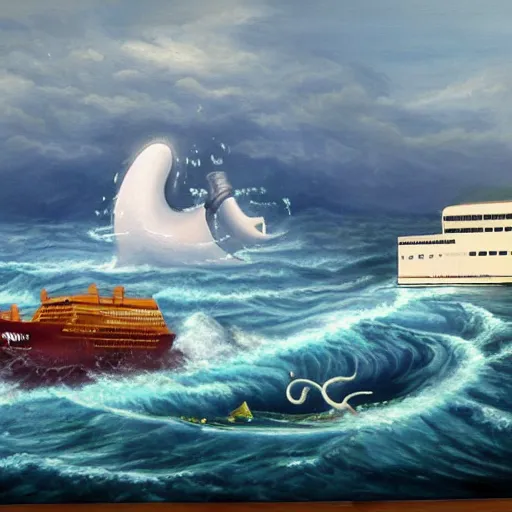 Image similar to A giant squid destroying a cruise ship in the middle of the ocean, oil painting