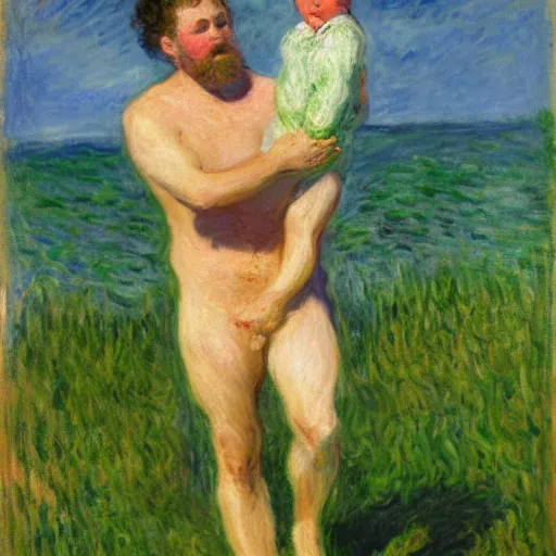 Image similar to a man carrying his child over his shoulders walking near the beach, anatomically correct, painting by monet, masterpiece