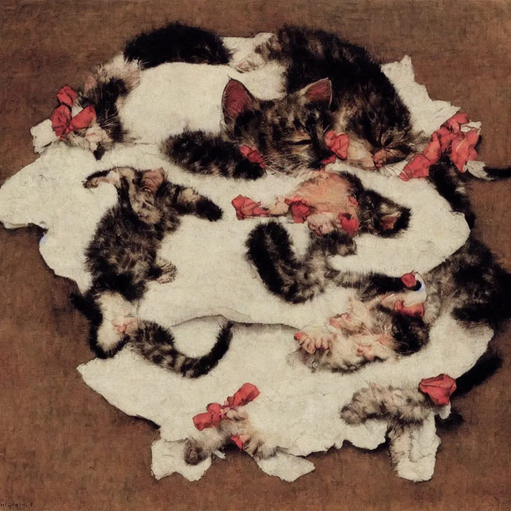 Image similar to Sleeping kitten painted by Norman Rockwell, museum quality painting