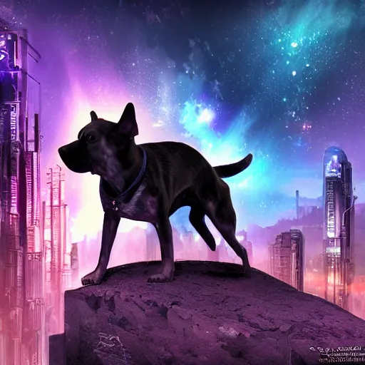 Image similar to dog nebula above cyberpunk planet