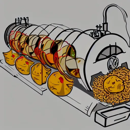 Prompt: art of The infernal machine for the production of dumplings, drawings, food art, reciept art