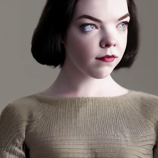 Prompt: Adult Anya Taylor-Joy, XF IQ4, f/1.4, ISO 200, 1/160s, 8K, Sense of Depth, color and contrast corrected, Nvidia AI, Dolby Vision, symmetrical balance, in-frame