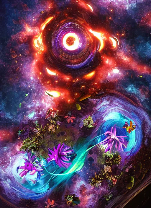 Image similar to An epic fantastic realism comic book style painting of the most beautiful spiraling entwined flowers launched explosively across the dark spinning galaxy, floating bouquets, fisheye lens, unreal 5, DAZ, hyperrealistic, octane render, dynamic lighting