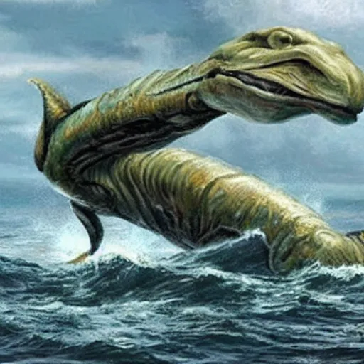 Image similar to hyper realistic sea monster with harpoons sticking out of it's skin