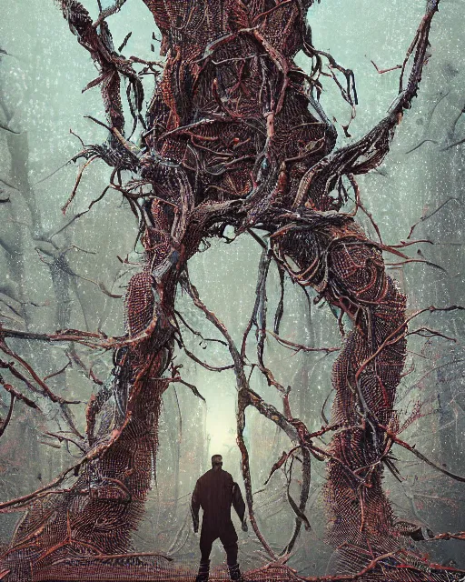 Prompt: man made of branches. intricate abstract. intricate artwork. by tooth wu, wlop, beeple, dan mumford. trending on artstation, greg rutkowski very coherent symmetrical artwork. cinematic, hyper realism, high detail, octane render, 8 k, iridescent accents