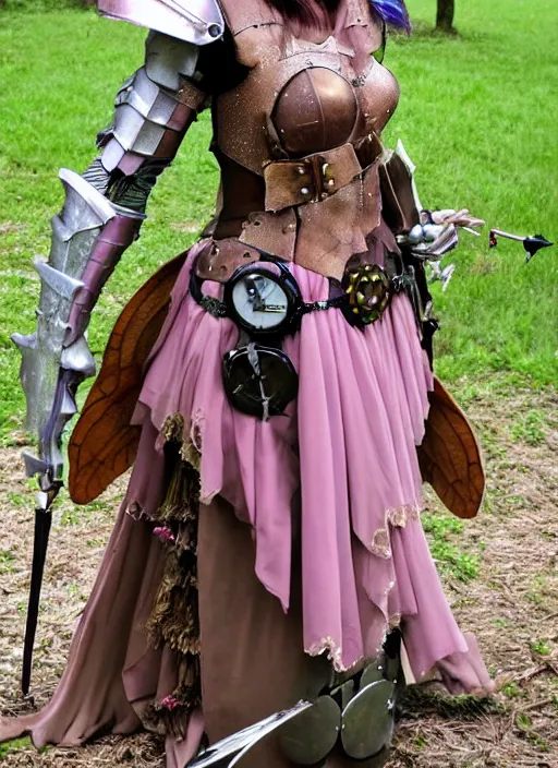 Image similar to Brown hair pink eye female faerie paladin planeteer + Tinkerbell +pixie hollow + steampunk + full dress + sparked and a full plate armor + D&D + full body