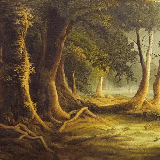 Prompt: a forest scene, painted by robert moore