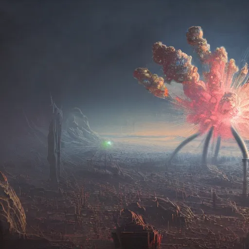 Prompt: beautifully hyperdetailed matte painting of microscopic tiny very small miniature nuclear radioactive explosion made of translucent paints, by gustave dore, craig mullins, photorealistic, octane render, trending on artstation, instagram, pinterest