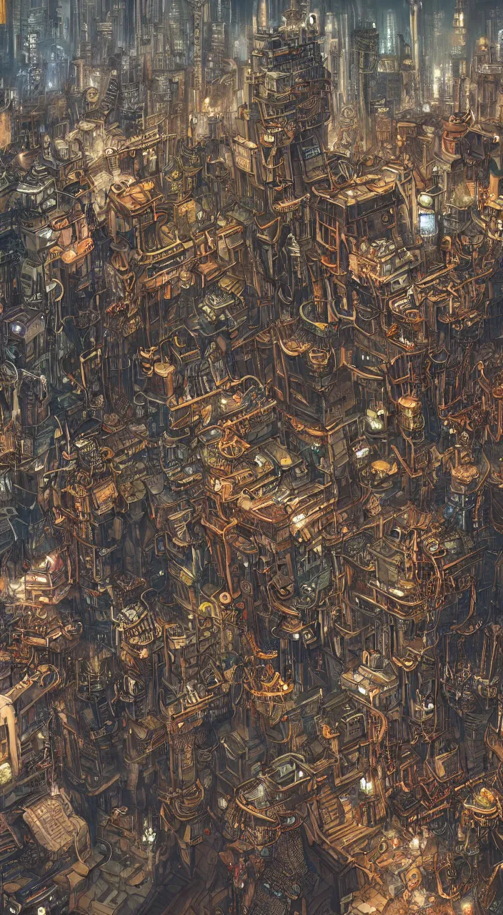 Image similar to hyper detailed painting of a steampunk city intertwining with a cyberpunk city,