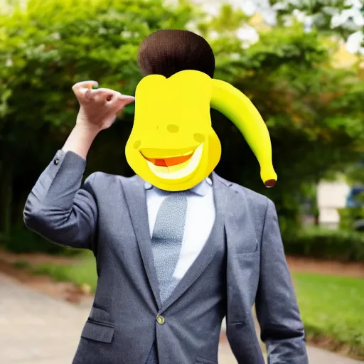 Image similar to a person with a banana head wearing a business suit