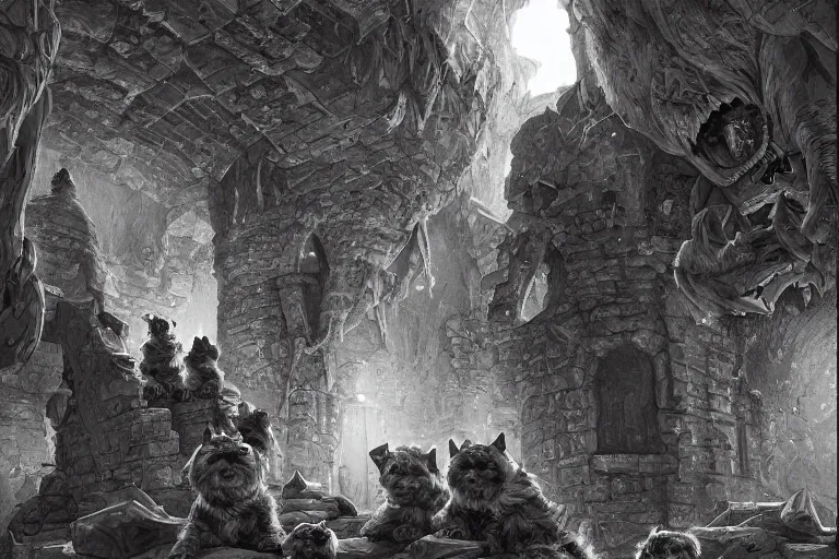 Image similar to black and white one point perspective dungeon cozy fantasy dungeon yorkshire terrier puppies artgerm and Craig Mullins, James Jean, Andrey Ryabovichev, Mark Simonetti and Peter Morbacher 16k