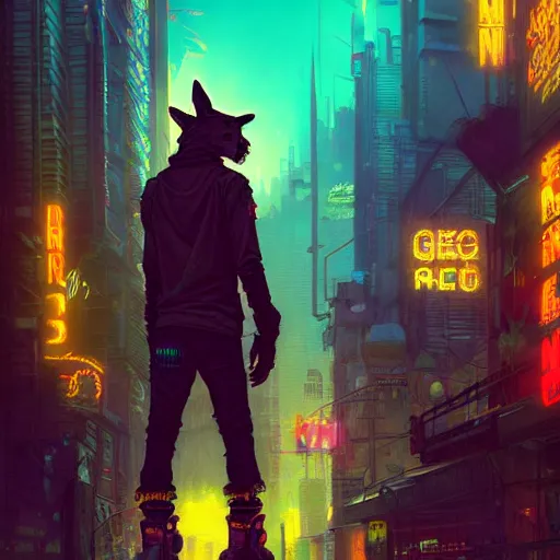 Image similar to anthropomorphic coyote character wearing black cyberpunk skater clothes with neon highlights in a cyberpunk city. Renowned character illustration by greg rutkowski, thomas kindkade, alphonse mucha, loish, norman rockwell. Trending on artstation 4k. Highly detailed. Digital art.