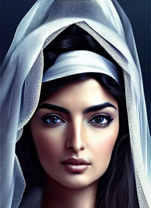 Prompt: beautiful ameera al taweel, blue eyes, long wavy black hair, white veil, in the style of stefan kostic, realistic, sharp focus, 8k high definition, insanely detailed, intricate, elegant, art by stanley lau and artgerm