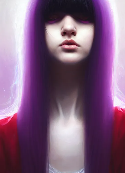 Image similar to hair whitebangs hair, black hair, whitebangs, portrait of teenage girl with white bangs, red irises, purple clothes, white bangs, bangs are different color from hair, intricate, elegant, glowing lights, highly detailed, digital painting, artstation, concept art, smooth, sharp focus, illustration, art by wlop, mars ravelo and greg rutkowski