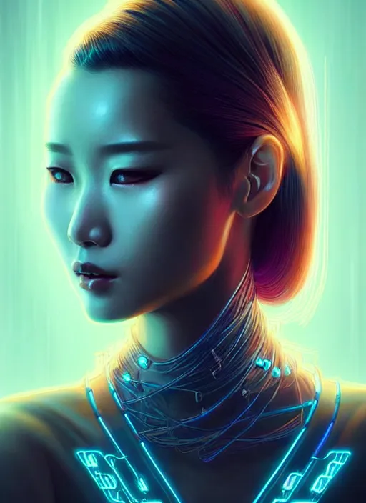 Image similar to portrait of asian female humanoid, intricate, elegant, cyber neon lights, highly detailed, digital illustration, trending in artstation, trending in pinterest, glamor pose, concept art, smooth, sharp focus, art by artgerm and greg rutkowski