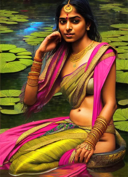 Image similar to a young indian lady wearing a sari relaxing by a pond, wet, shiny, fantasy, intricate, elegant, hyper detailed, ultra definition, photoreal, artstation, unreal engine rendered, concept art, smooth, sharp focus, illustration, art by artgerm and greg rutkowski and alphonse mucha and garis edelweiss