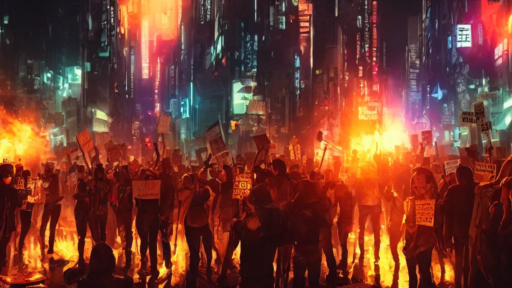 Prompt: angry protesters holding placards, digital illustration by greg rutkowski, fire, android netrunner, nighttime, cyberpunk city backgrounds, colored lighting