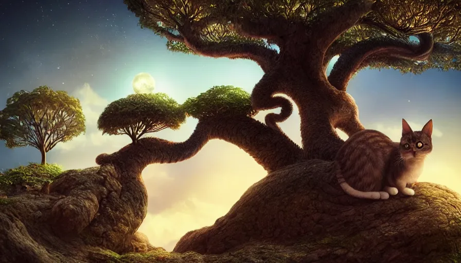 Image similar to very very small cat, sitting on a gigantic dragon tree in moonlit socotra island by ilya kuvshinov, rtx rendering, octane render 1 2 8 k, maya, extreme high intricate details by tom bagshaw, medium shot, close up shot, composition by sana takeda, lighting by greg rutkowski