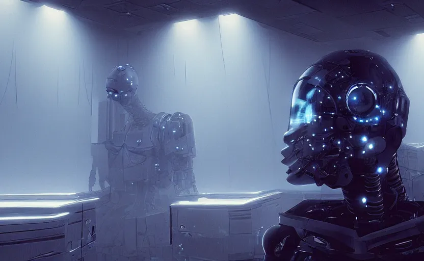 Prompt: extremely detailed cinematic movie still 3 0 7 7 foggy portrait shot of a robot dancing in an endless data centre by denis villeneuve, wayne barlowe, simon birch, marc simonetti, philippe druillet, beeple, bright volumetric sunlight from small windows, rich moody colors, closeup