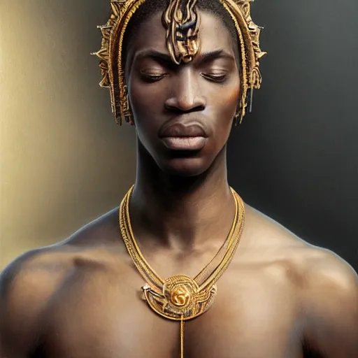 Image similar to Perfectly-centered portrait-photograph of a real life completely black god, lifelike, super highly detailed, professional digital painting, artstation, concept art, Unreal Engine 5, Photorealism, HD quality, 8k resolution, cinema 4d, 3D, beautiful, cinematic, art by artgerm and greg rutkowski and alphonse mucha and loish and WLOP