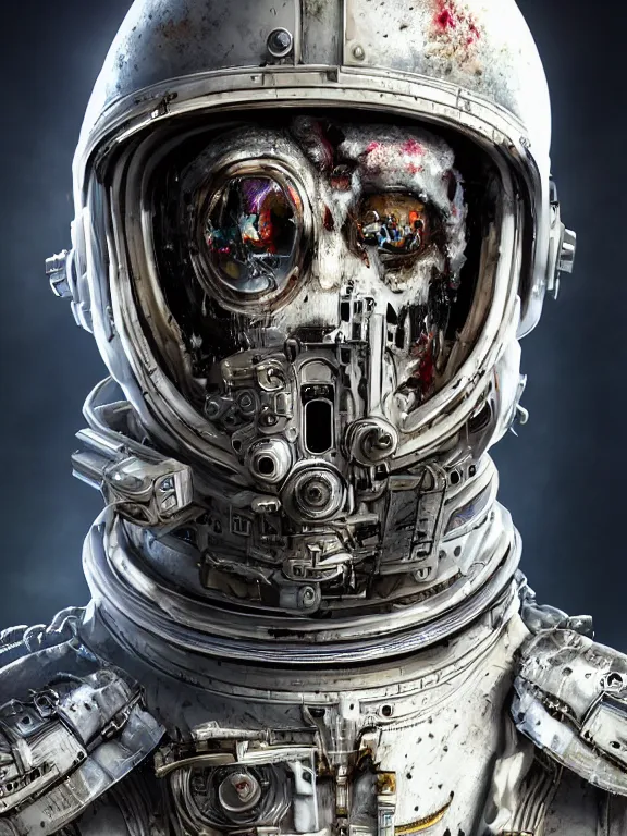 Prompt: portrait art of 8k ultra realistic undead retro futurism astronaut ,detailed white suit, intricate ornate armour,decaying, cybernetic, full of colour, cinematic lighting, battered, trending on artstation, 4k, hyperrealistic, focused, extreme details,unreal engine 5, cinematic, masterpiece, art by ayami kojima, giger