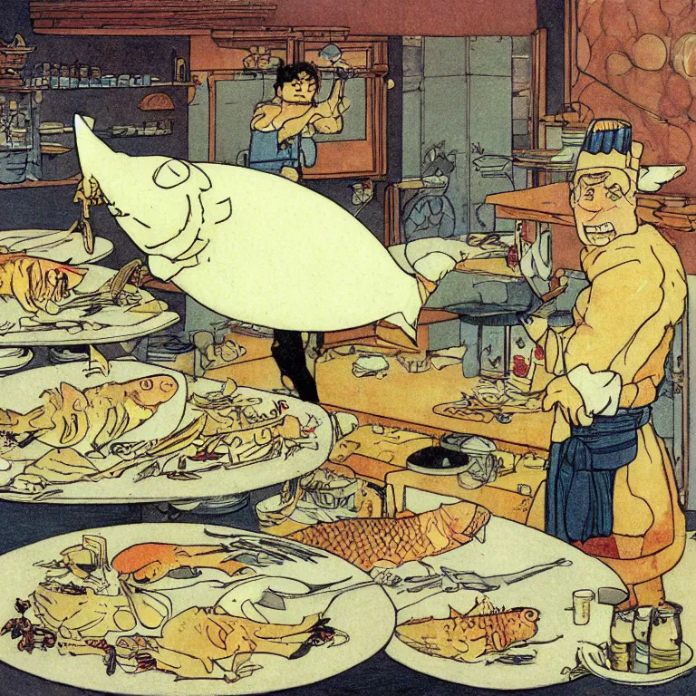 Prompt: a chef cutting screaming fat carp in the kitchen, detailed, high quality, high resolution, color illustration by Winsor McCay little nemo