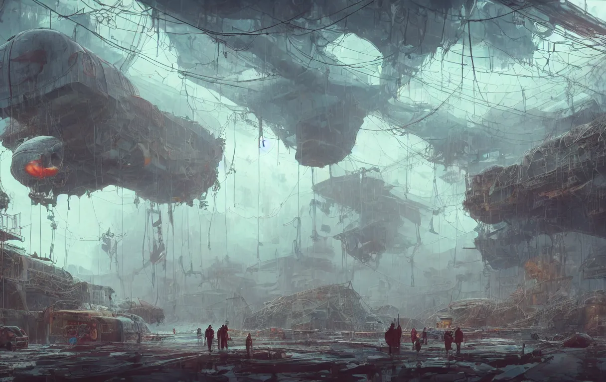 Prompt: bright colorful moody interior, huge floating dilapidated airship, vast deep decaying hangar, haze, gloom, god rays, the last of us, concept art, ian mcque, sergey vasnev, simon stalenhag, jake parker, thick hanging cables, torn roof, overgrown with vegetation, mist, water dripping