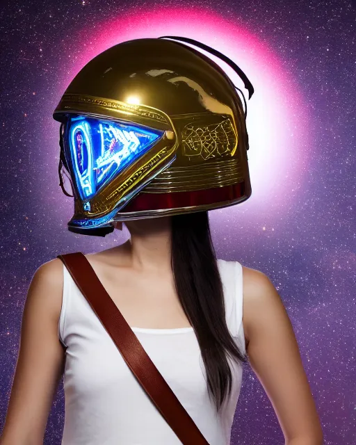 Prompt: centered medium shot fine studio photograph of a beautiful girl wearing only a mecha electronic native sioux indian helmet with bright lights, ultra-realistic, white background, 8k HDR sunset lit, intricate