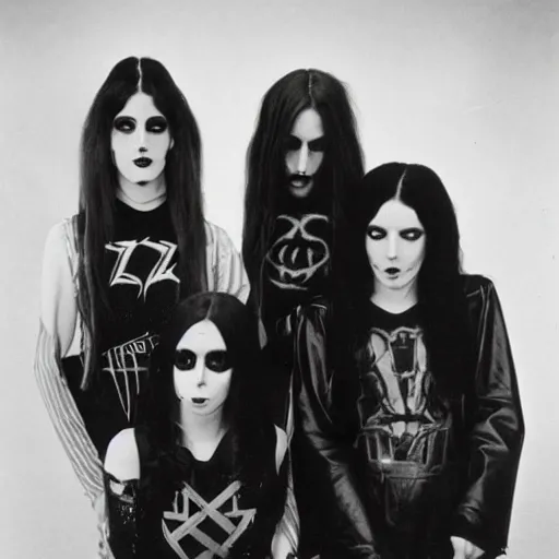 Image similar to group of 2 1 - year - old girls dressed like black sabbath, female rock band, proto - metal, doom metal band promo, 1 9 7 0 photograph