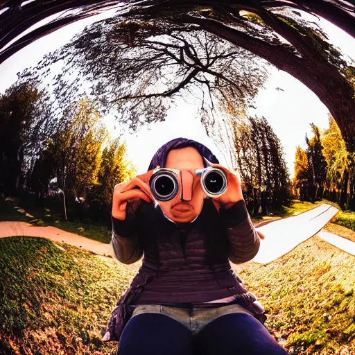 Image similar to person very close to camera, wideangle fisheye lense photography