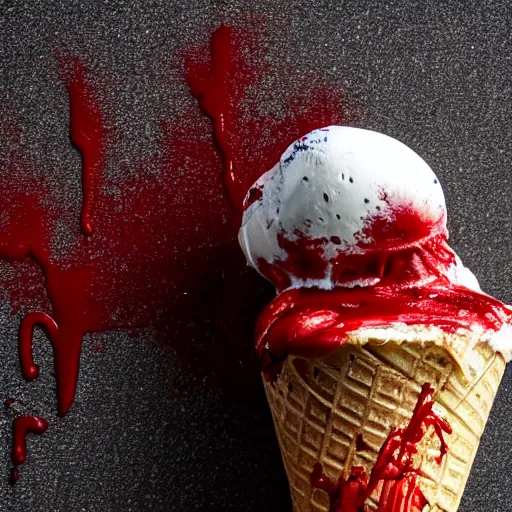 Prompt: a detailed photograph of an ice cream cone dripping with blood after being used as the murder weapon