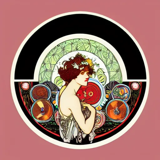 Image similar to trippy vinyl record picture disk designed by mucha, art nouveau style