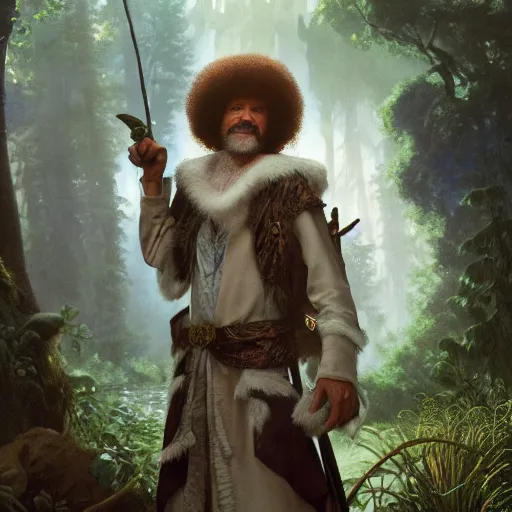 Image similar to an ultra detailed matte painting of bob ross dressed as a wandering elf druid, silver hawk animal companion, d & d, fantasy concept art by alphonse mucha and greg rutkowski, octane render, 8 k, detailed face