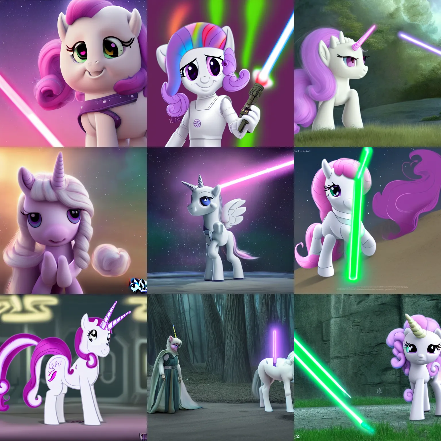 Prompt: sweetie belle ( white unicorn filly with pink and purple mane and tail ) in star wars : episode iv - a new hope as a jedi knight with a green lightsaber | trending on artstation, derpibooru, my little pony : friendship is magic in star wars, 8 k, cgi special effects, hyper - realistic, canon wide - angle lens