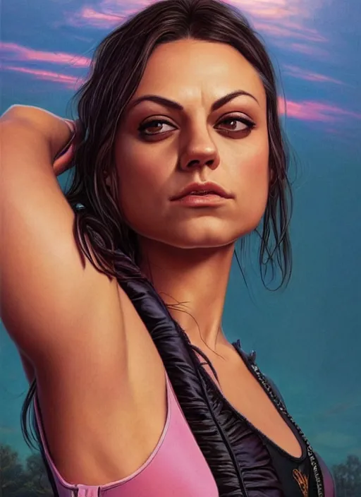 Image similar to epic portrait of Mila Kunis wearing black choker, a very strong muscled Amazon heroine, sun beams across sky, pink golden hour, intricate, elegance, highly detailed, shallow depth of field, epic vista, concept art, art by Artgerm and Donato Giancola, Joseph Christian Leyendecker