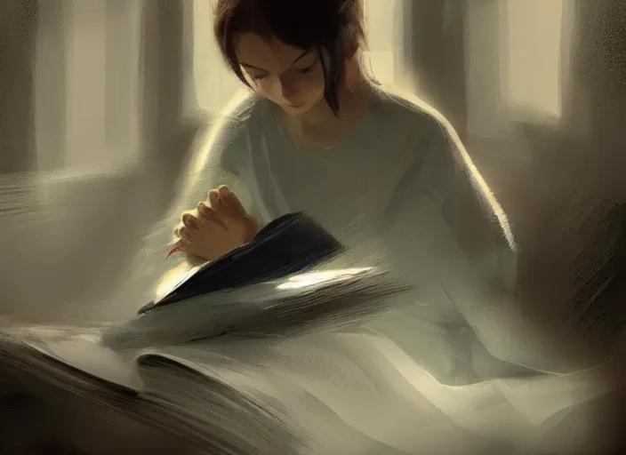 Image similar to a girl reading a book, her hair flowing down, in the style of craig mullins