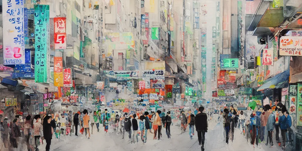 Prompt: streets of hongdae, hangeul, photorealism, spring, wide shot, water color painting, blurry, brush strokes by Lim Eung-Sik