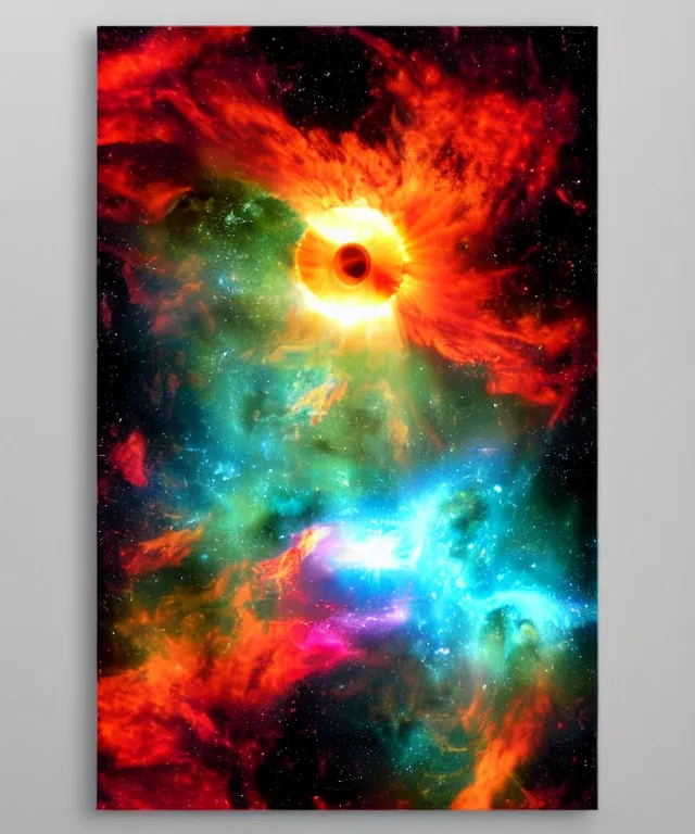 Image similar to black hole, sun, space, photorealistic, bright colors, phoenix flames, nebula clouds, soft tones