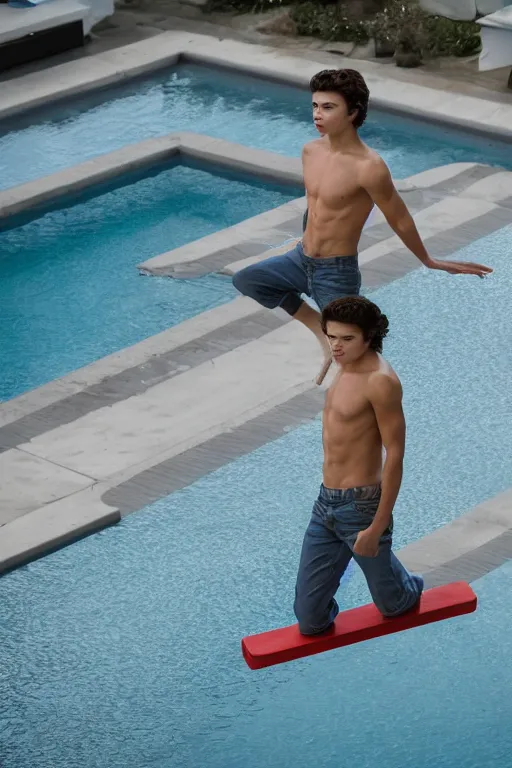 Prompt: skinny young jake t. austin standing on the diving board, red weapon 8 k s 3 5, cooke anamorphic / i lenses, highly detailed, cinematic lighting