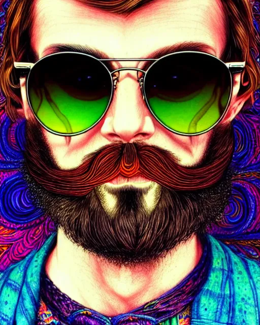 Prompt: detailed hipster skinny man with dmt sunglasses, long vibrant colored beard, dmt, by james gurney + intricate and vibrant work + portrait + trending on artstation + incredible gothic illustration + exquisite detail