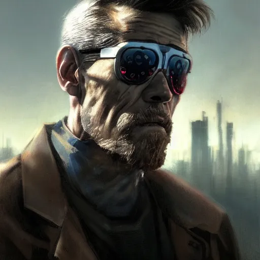 Image similar to closeup portrait of william dafoe, cyberpunk, shaggy ex military guy, city background, dramatic light, gorgeous view, depth, high detail, digital art, painted by greg rutkowski and seb mckinnon, neuromancer, trending on artstation