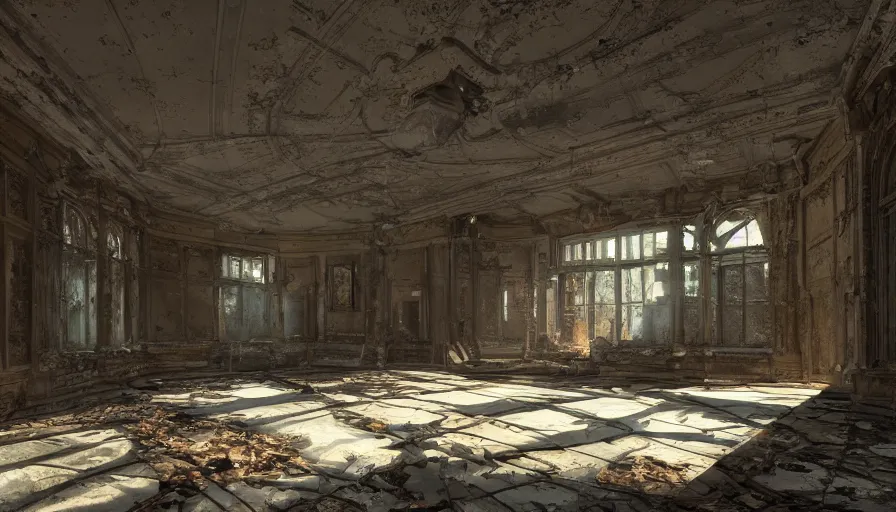 Prompt: wide view of the interior of an abandoned english museum, shadow in the background, hyperdetailed, artstation, cgsociety, 8 k