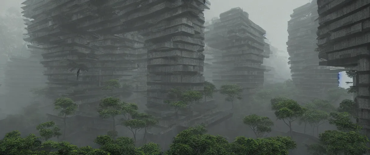 Image similar to brutalist architecture inspired by louis kahn deep in the rainforest. nature is taking over. matte painting by ivan laliashvili. unreal engine 5 render. mist. cinematic.