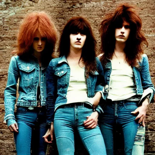 Image similar to group of 1 9 - year - old girls with shaggy wavy hair, wearing double denim, proto - metal band promo, heavy rock band promo photo, 1 9 7 5 photo