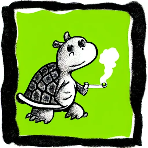 Image similar to storybook illustration of a turtle smoking a cigarette, storybook illustration, monochromatic, white background