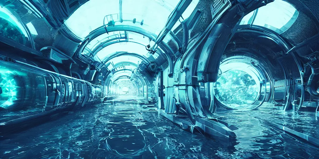 Prompt: transparent subsea tunnel, science fiction, beautiful, cinematic lighting, intricate details, octane rendering, trending on artstation, featured on behance.