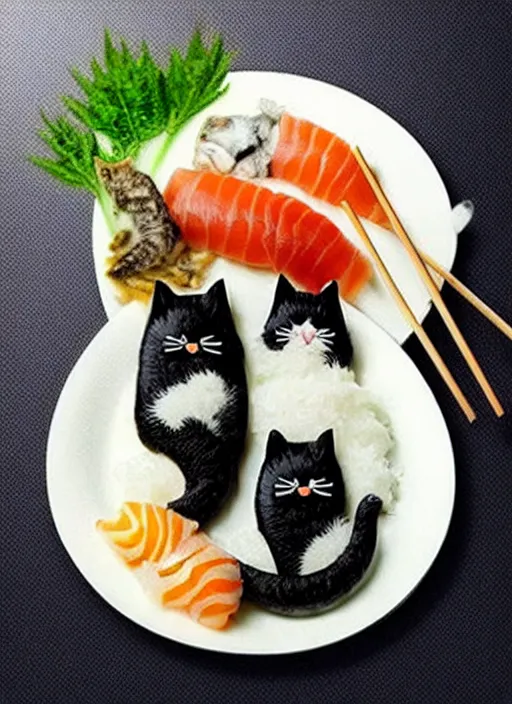 Image similar to clear photorealistic picture of adorable cats made out of sushi