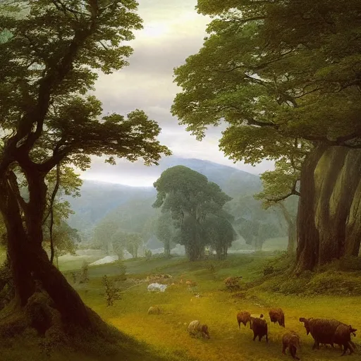 Image similar to pastoral tribute to caspar david friedrich a wide expansive valley with verdant foliage, tall broad oaks, a beautiful pellucid river running betwixt gorgeous igneous rock driven up by glaciers oil paint rendering jonas de ro
