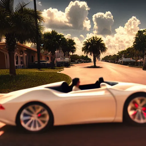 Image similar to jesus christ joyriding in florida in a convertable, dslr, award winning, 8 k, octane beautifully detailed render, warm mood, cinematic lighting, detailed photo, masterpiece, volumetric lighting, ultra realistic, highly detailed, high quality, lossless, photorealistic